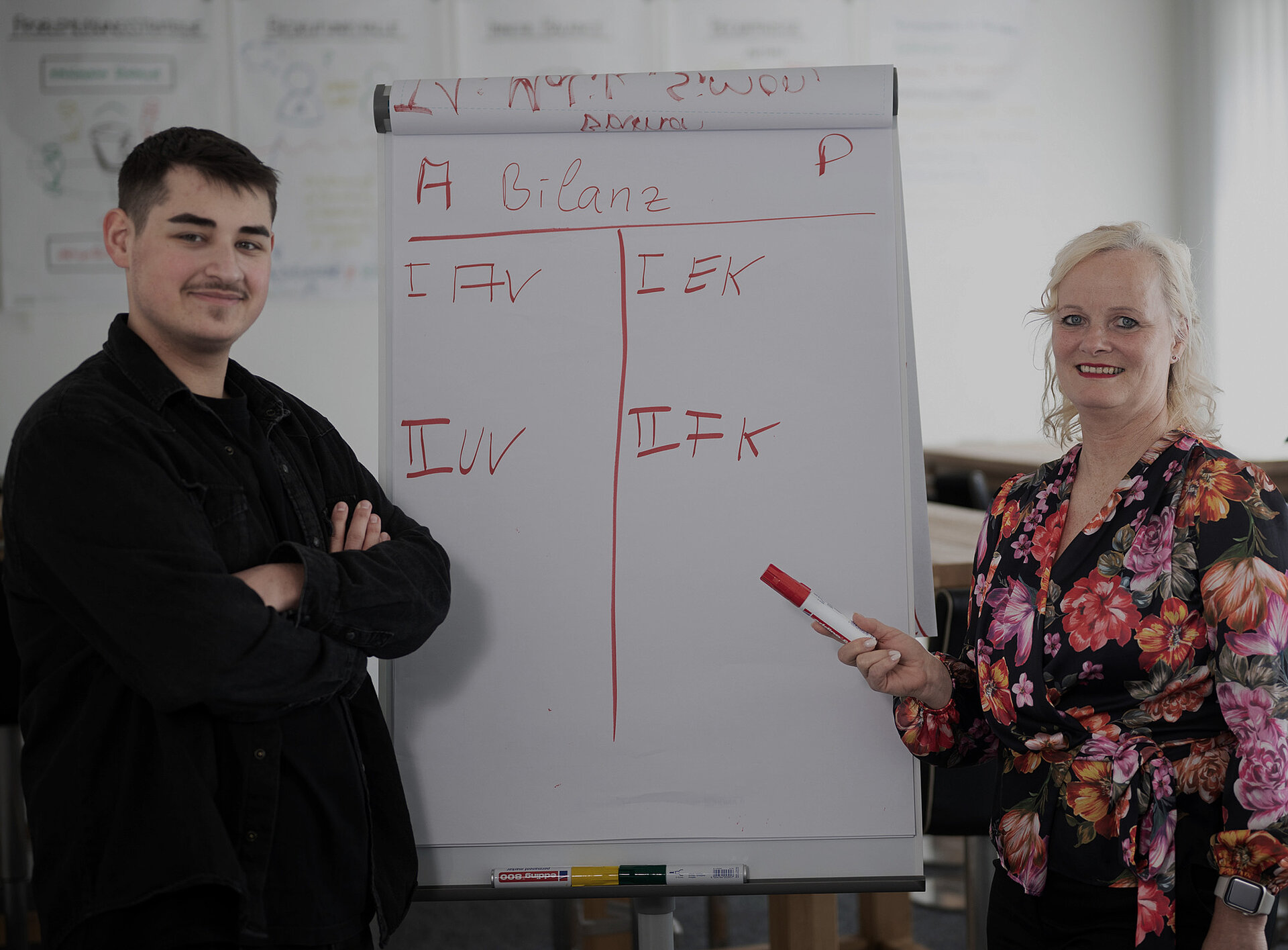 Ein Mann und eine Frau deuten auf ein Flip Chart auf dem "Bilanz" zu lesen ist